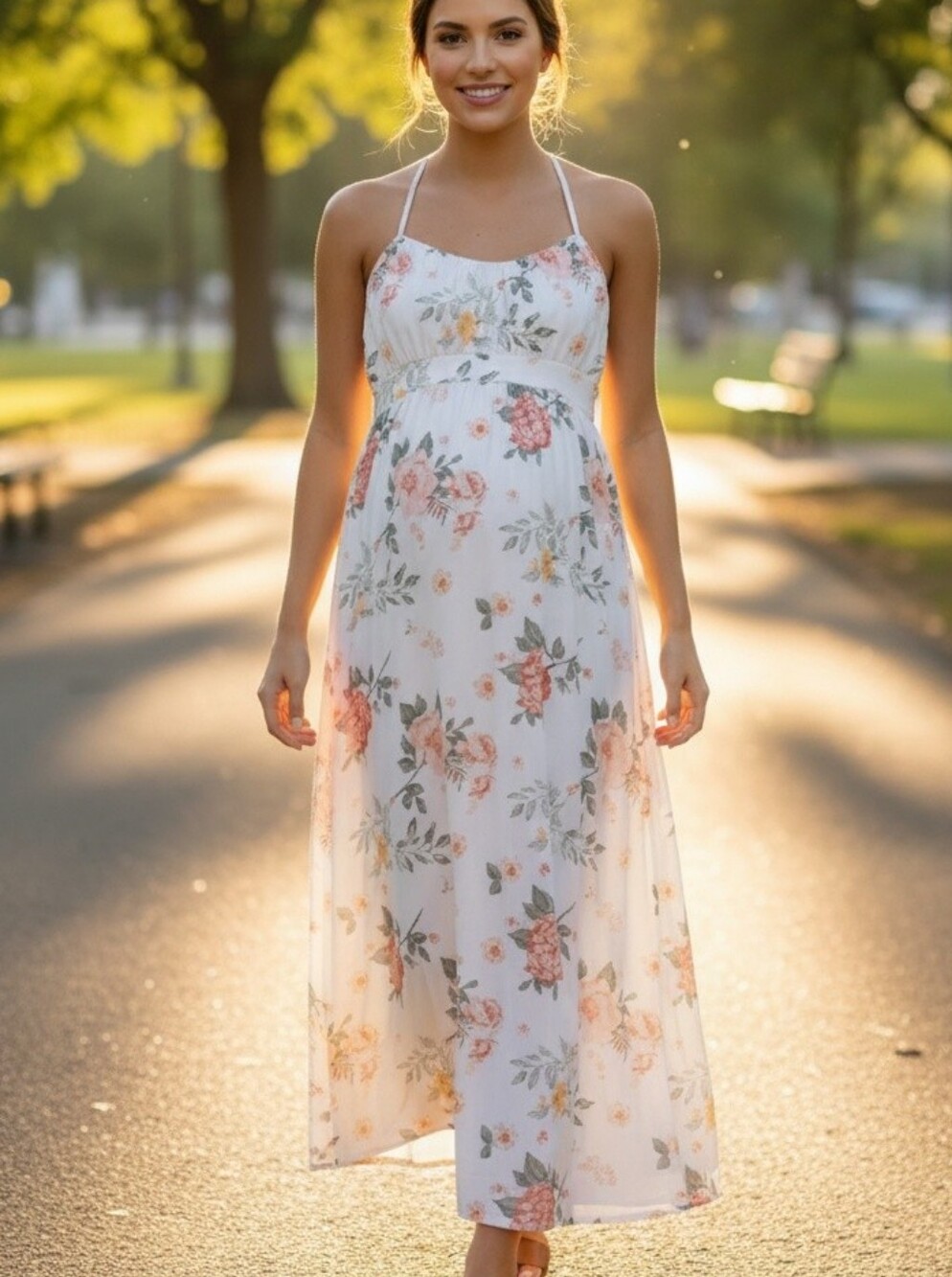 Derek Maternity Heart White Maxi Dress with Peach Floral Print